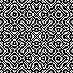 Black and white geometric circle impossible background seamless pattern. Round vector illustration for greeting cards, cover, flyer, wallpaper. Abstract texture ornament design, repeating tiles