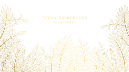 Vector background with space for text and golden elegant plants and leaves in graphic line art style. Design template for greeting cards, posters, banners, horizontal format. 