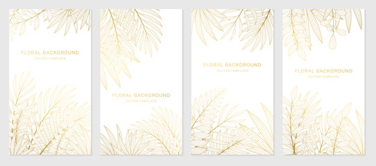Vector set of luxury templates. Backgrounds with space for text and golden plants. Design for social media stories, banner, greeting card, invitation, poster and advertising.