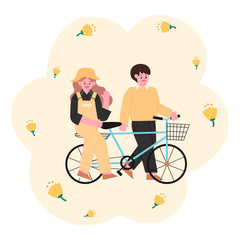 Hello spring, couple riding bicycles. People Vector Illustrations