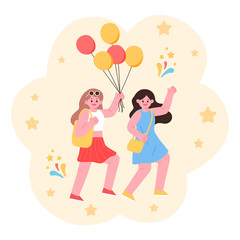 Girls holding balloons, festival happy girls. People vector illustration
