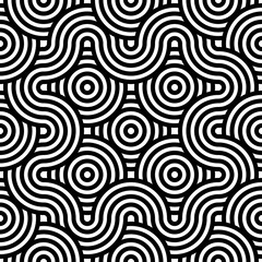 Obraz premium Black and white geometric circle impossible background seamless pattern. Round vector illustration for greeting cards, cover, flyer, wallpaper. Abstract texture ornament design, repeating tiles