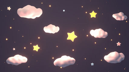 Cartoon glowing stars and white clouds in the sky at night. 3d rendering picture.