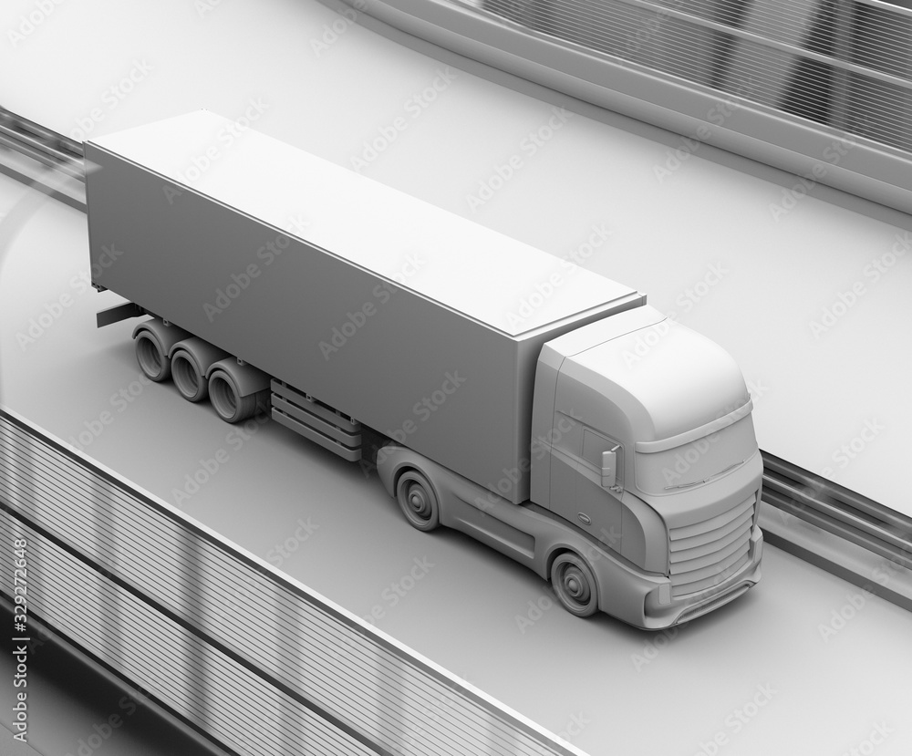 Aufkleber clay rendering of generic design electric truck driving on the highway. 3d rendering image.