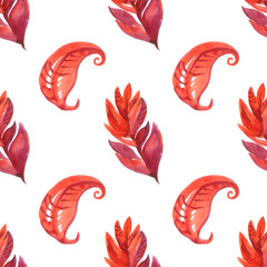 watercolor pattern with red leaves on white background