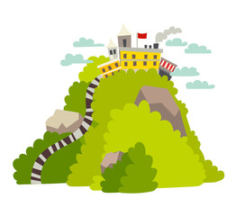 Big peak with fabulous city vector illustration. Fantastic green mountain Lanka cartoon style. Fantastic archticture and forest landscape. Isolated drawing icon on white background  - 329272811