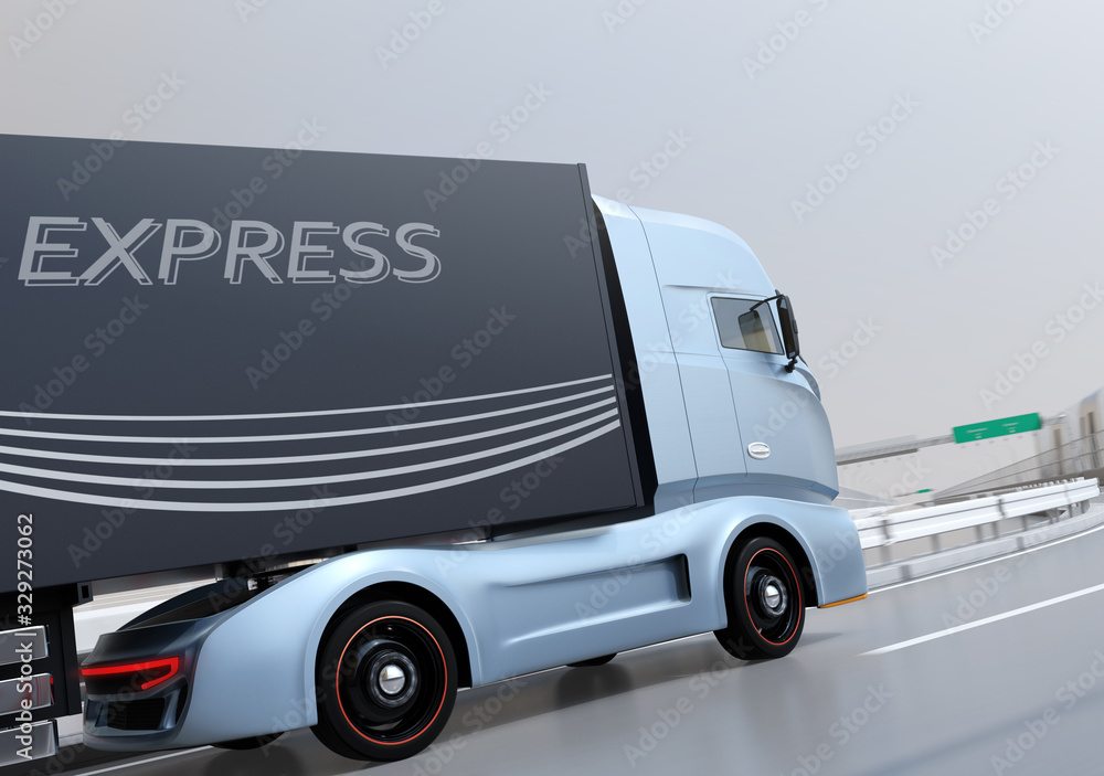 Poster rear view of generic design heavy electric truck passing highway curve. 3d rendering image.