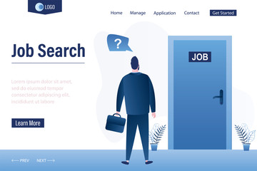 Job search landing page template. Businessman stand in hallway. Handsome candidate man waiting job interview