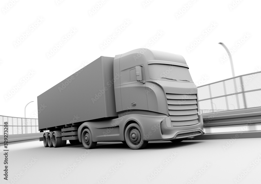 Poster clay rendering of generic design electric truck driving on the highway. 3d rendering image.