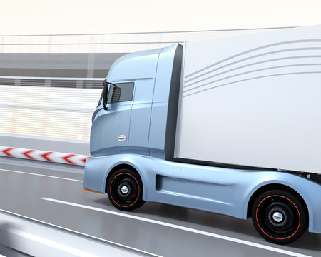 Rear view of generic design blue Heavy Electric Truck driving on the highway. 3D rendering image.