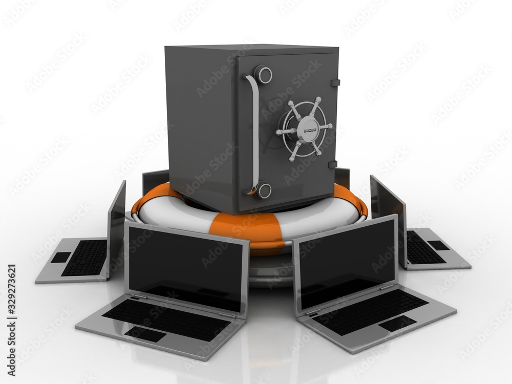 Poster 3d rendering metal locker in life belt around computer network