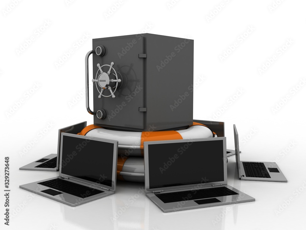 Poster 3d rendering metal locker in life belt around computer network