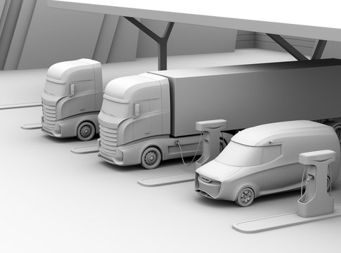 Clay rendering of generic design Heavy Electric Trucks charging at Public Charging Station. 3D rendering image.