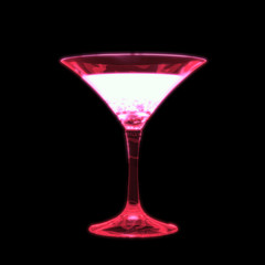 Conical Martini Cocktail Glass with Pink Fizz Drink, Sparkling Wine or Champagne Glowing in Neon Lights. 3D Render Isolated on Black Background.
