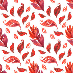 watercolor hand painted pattern with red leaves