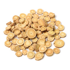 Chinese Herbal medicine - Astragalus slices, Huang Qi (Astragalus propinquus) on white background 
