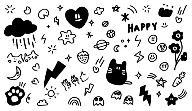 cute hand drawn doodle vector set, love, Natural , firework, cloud, weather, animal, bolt, heart and creative design vector collection.	