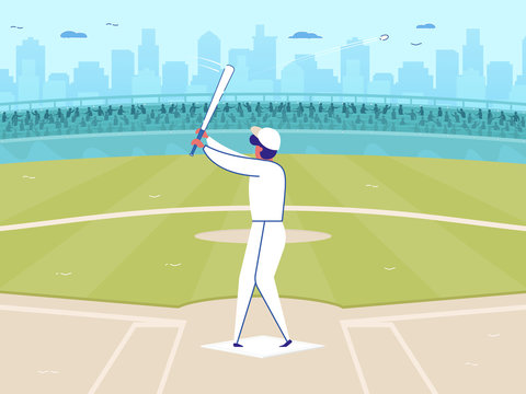 Cartoon Baseball Player in White Uniform Cap Hitting Ball into Sky Vector illustration. Man Softball Player Batting. American Baseball Game on Stadium. Professional League Championship
