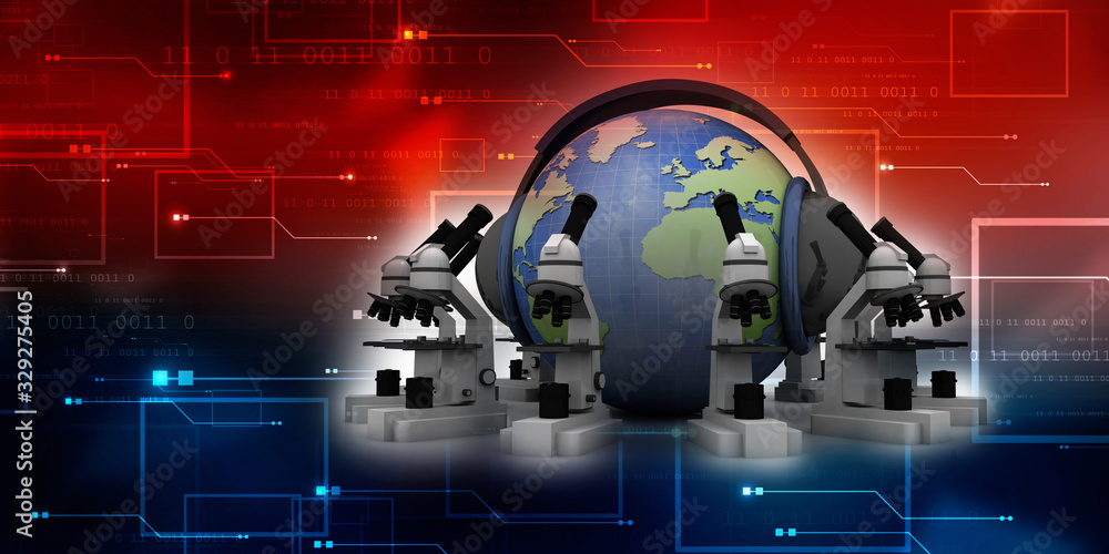 Poster 3d rendering microscope with headphone globe