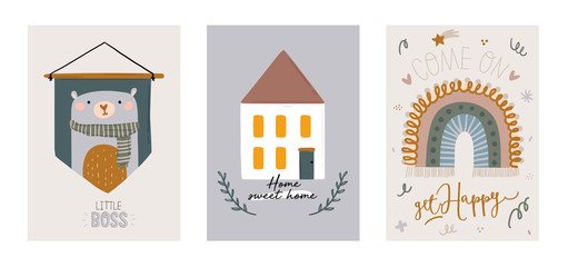 Obraz premium Cute kids scandinavian characters set including trendy quotes and cool animal decorative hand drawn elements. Cartoon doodle illustration for baby shower, nursery room decor, children design. Vector.