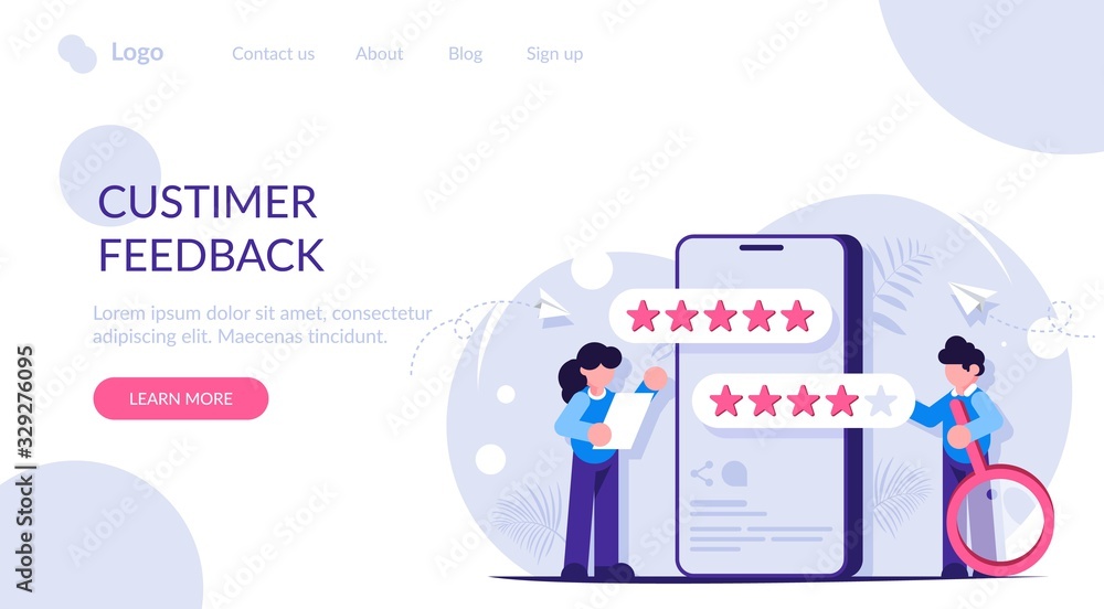 Poster customers feedback and comments. five stars user score for mobile app. woman voices the result of th