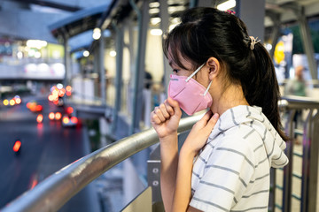 Fototapeta premium Asian woman with cough,sore throat,symptoms of fever infection the Coronavirus,outbreak of Covid-19,child girl wearing N95 face mask,problems of respiratory system,smog,fine dust,air pollution,PM2.5