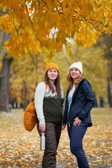 Holidays with friend. Two young women walking together in the park.