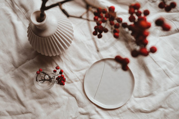 Ceramic table setting with rowan berries mock up top view. Holiday table setting mockup background for wallpaper, design, lettering, cards, blogs. Mock up with red rowan and plate, space for text.