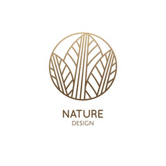 Tropical plant logo. Round emblem leaf plant in linear style. Vector abstract badge houseplant for design a plant grown indoors