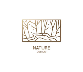 Vector logo of nature elements in linear style. Linear icon of landscape with trees and field with river - business emblems, badge for a travel, farming and ecology concepts, health and yoga Center.