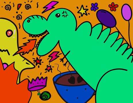 Hand drawn party line art cartoons characters dinosaur feeling angry spit fire to monster ghost in colorful pattern 