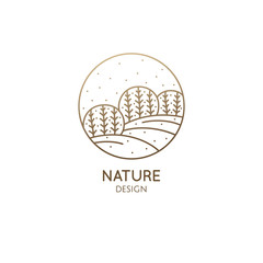 Vector logo of nature in linear style. Outline icon of winter landscape with trees,sun,fields,snow - business emblems, badge for a travel, farming and ecology concepts, health, spa and yoga Center.