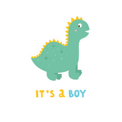 It's a boy lettering card with cute little dinosaur. Vector newborn concept for birthday boys