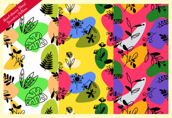 Set of Seamles pattern of hand-drawn floral elements doodle. line art or outline botanical and abstract decoration. wallpaper bundle