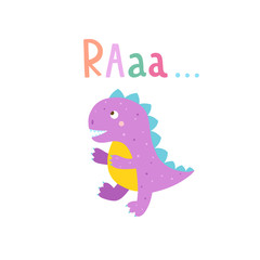 Cute dinosaur vector illustration on white background. Little dragon with funny lettering