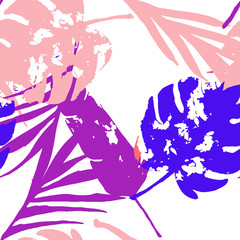 Obraz na płótnie Canvas Palm, Banana Leaves Vector Seamless Pattern, Blue Pink Purple Indigo Floral Textile. Sketched 
