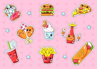Kawaii Fast Food Stickers with Faces Flat Cartoon Vector Illustration. Smiling and Winking Characters. Pizza, French Fries, Hamburger, Soda Water, Donuts with Glaze, Ice Cream. Junk Eating.