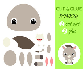 Cut and glue baby sitting donkey. Educational paper game for preschool children.