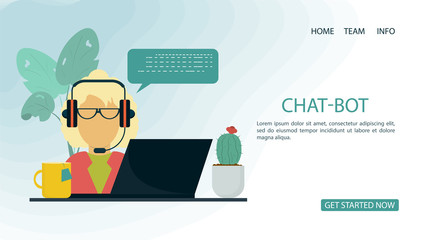 banner man woman blonde with glasses and headphones chatting on a laptop for a website or mobile apps artificial intelligence concept flat vector illustration of a cartoon
