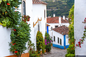 Streets of Obidos. Portugal.  Stonewalled city with medieval fortress. Obidos - famous tourist destination in Portugal for its architecture and history.