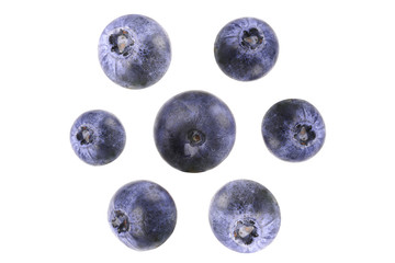 Blueberries isolated on a white background. Top view. Close-up.