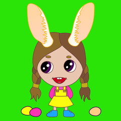 Fototapeta premium emoji with smiling chibi girl with pigtails wearing easter bunny rabbit ears, simple colored emoticon on isolated background