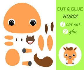 Cut and glue baby sitting horse. Educational paper game for preschool children.
