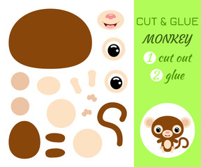 Cut and glue baby sitting monkey. Educational paper game for preschool children.