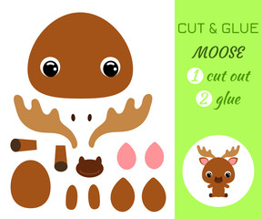 Cut and glue baby sitting moose. Educational paper game for preschool children.