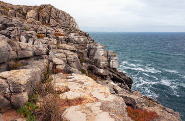 Peniche, Portugal. Estremadura Province, Baleal Islands . Beautiful landscape of a rocky, cliff peninsula on the shore of the Atlantic Ocean, Peniche. Rocky coast of the Peninsula.