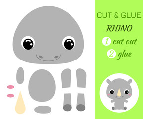 Cut and glue baby sitting rhino. Educational paper game for preschool children.