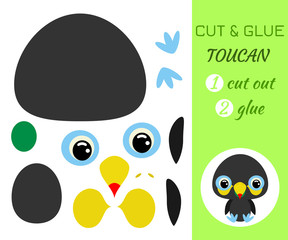 Cut and glue baby sitting toucan. Educational paper game for preschool children.