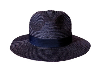 Black wide brimmed straw hat, summer fashion of women isolated on white background.