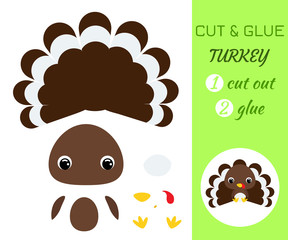 Cut and glue baby sitting turkey. Educational paper game for preschool children.